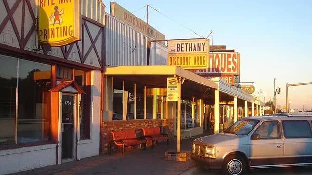 Storefronts along the street in downtown Bethany, Oklahoma