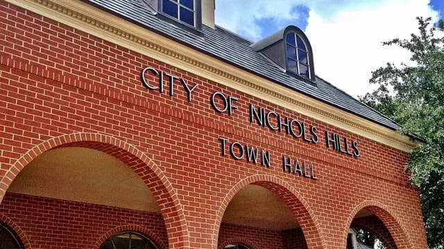 Brick facade of the Nichols Hills Town Hall in Oklahoma