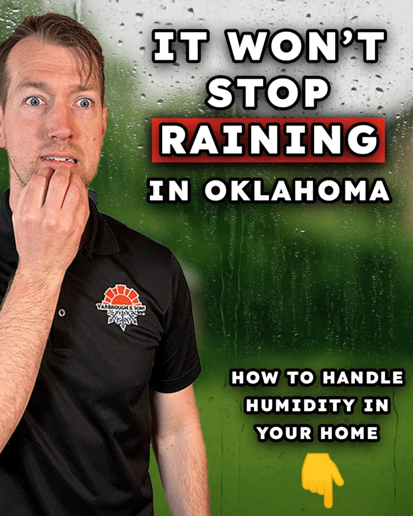 Man in a black Yarbrough & Sons polo shirt looking concerned with rain-streaked windows in the background. Overlay text says: