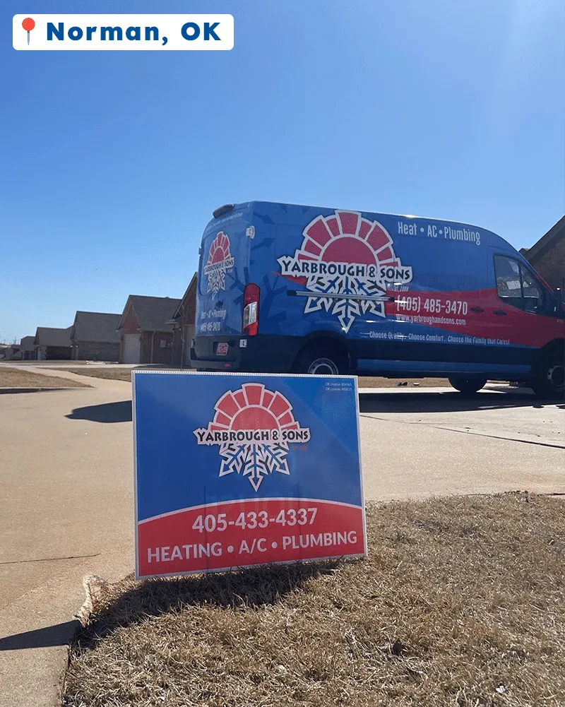 A branded van for heating, AC, and plumbing services parked outdoors.