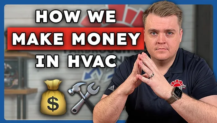 Man pointing to text about making money in HVAC with money and tool icons.
