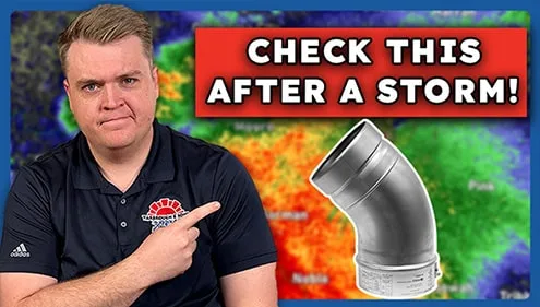 HVAC technician in Yarbrough & Sons uniform pointing at a flue pipe elbow, with storm radar imagery in the background and a bold red banner reading “CHECK THIS AFTER A STORM!”