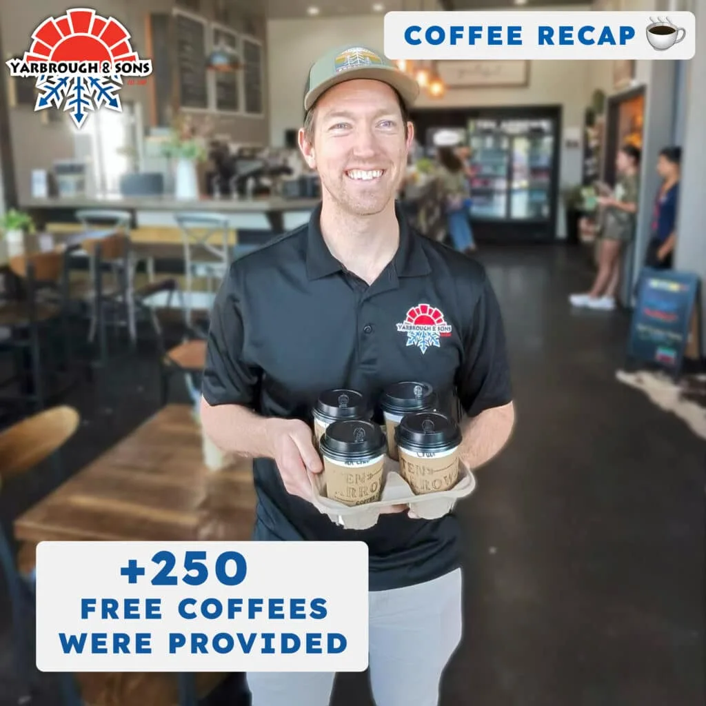 Man in a Yarbrough & Sons shirt smiling and holding four to-go coffees inside a local coffee shop, with a banner reading “Coffee Recap” and text that says “+250 free coffees were provided.”