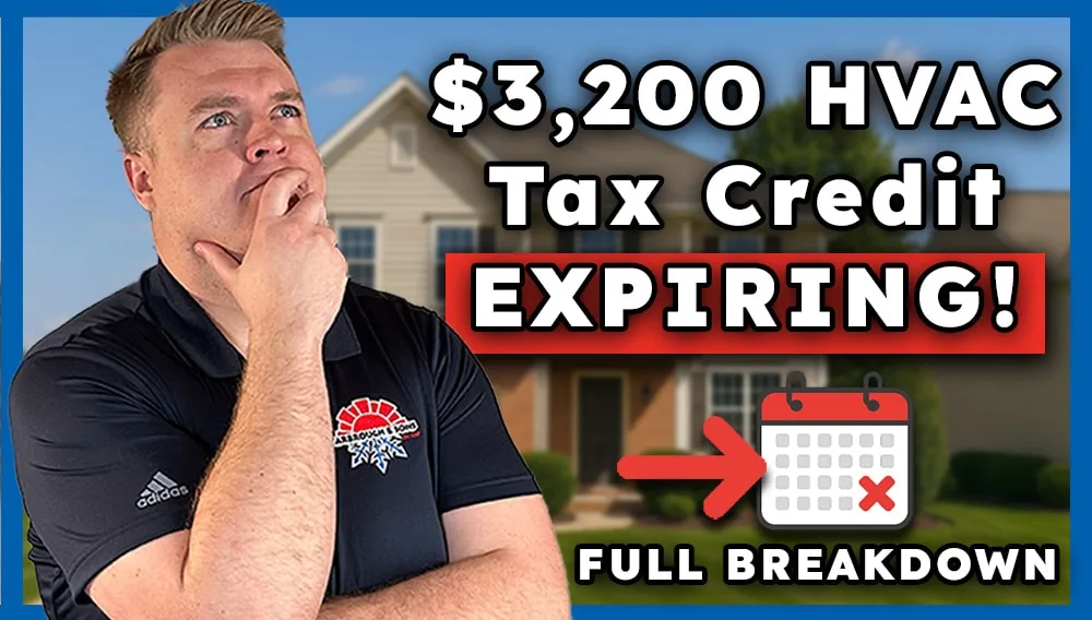 Man looking worried about expiring $3,200 home tax credit with house background.