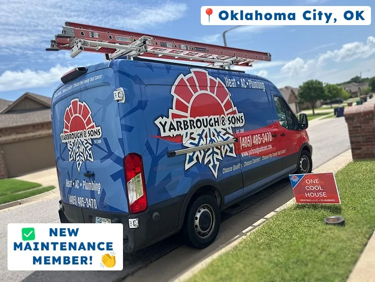 Yarbrough & Sons service van parked outside a residential home in Oklahoma City with a red yard sign reading “One Cool House – Heating • A/C • Plumbing.”