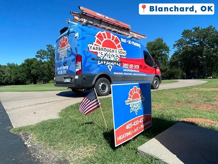 Yarbrough & Sons HVAC service van parked outside a home in Blanchard, OK, with a 