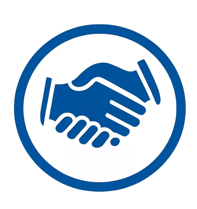 Handshake icon in circular blue frame.
