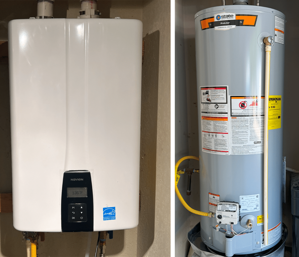 Left side: a tankless water heater. Right side: traditional water heater tank. Both installed by Yarbrough & Sons Heating, Cooling & Plumbing.