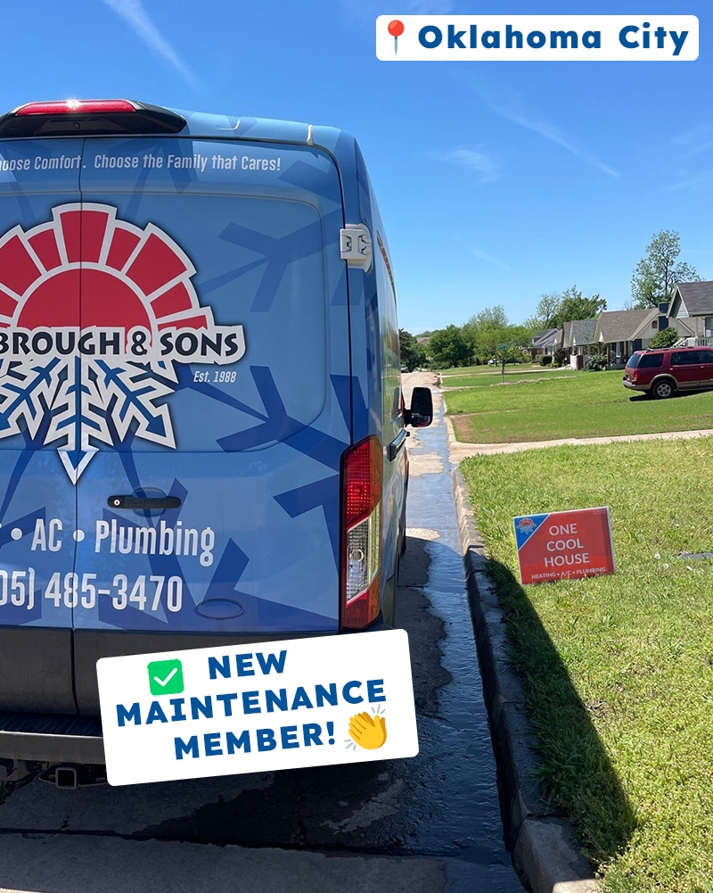 A Yarbrough & Sons service van parked on a sunny Oklahoma City street, with a “One Cool House” yard sign placed on the grass and a “New Maintenance Member!” badge overlaid on the image.